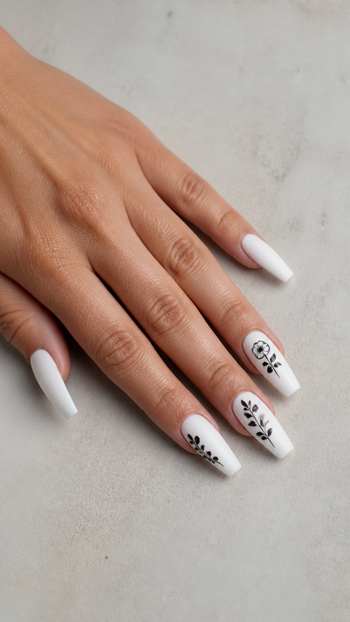 Matte White Coffin Nails with Black Floral Decals