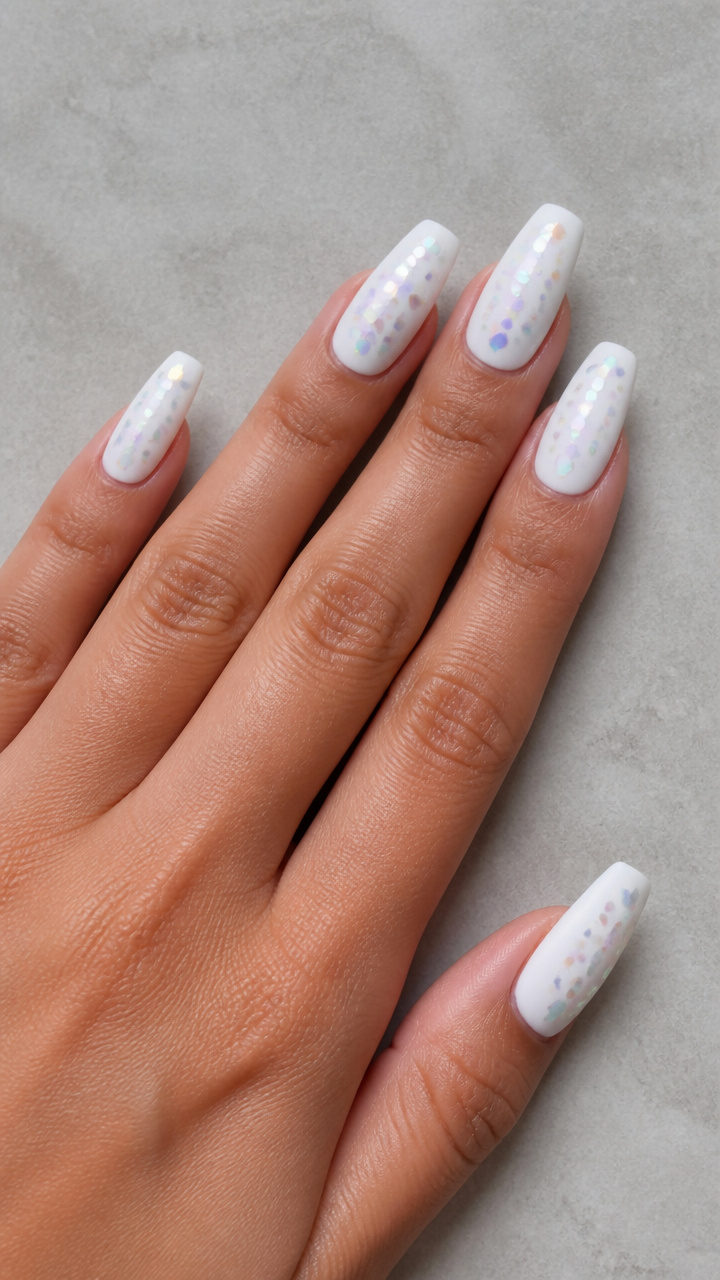 Matte White Coffin with Holographic Hexagon Glitter