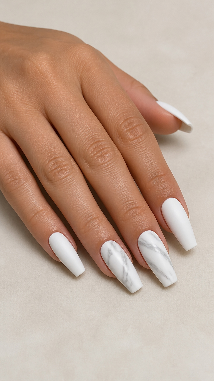 Matte White Coffin with Marble Swirls in Gray