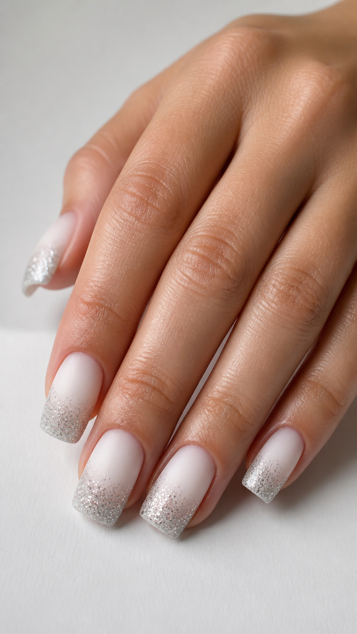Matte White Ombre with Silver Glitter Tips