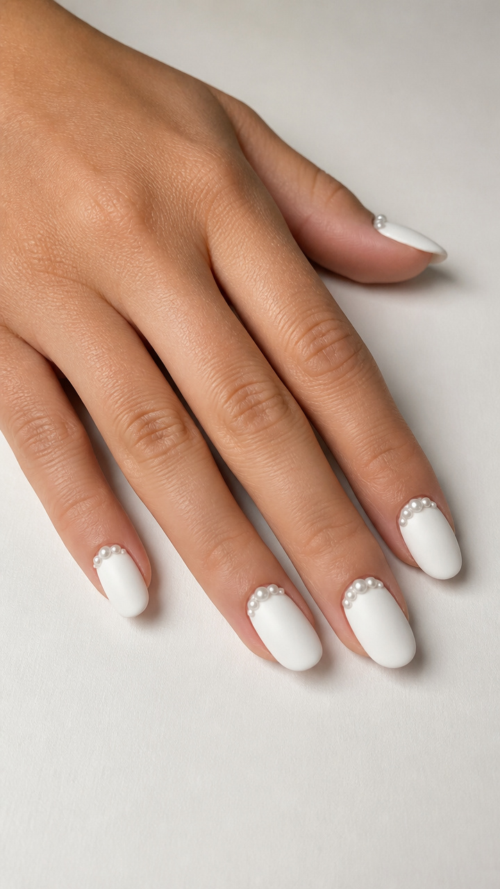 Matte White Oval with Pearl Bead Embellishments