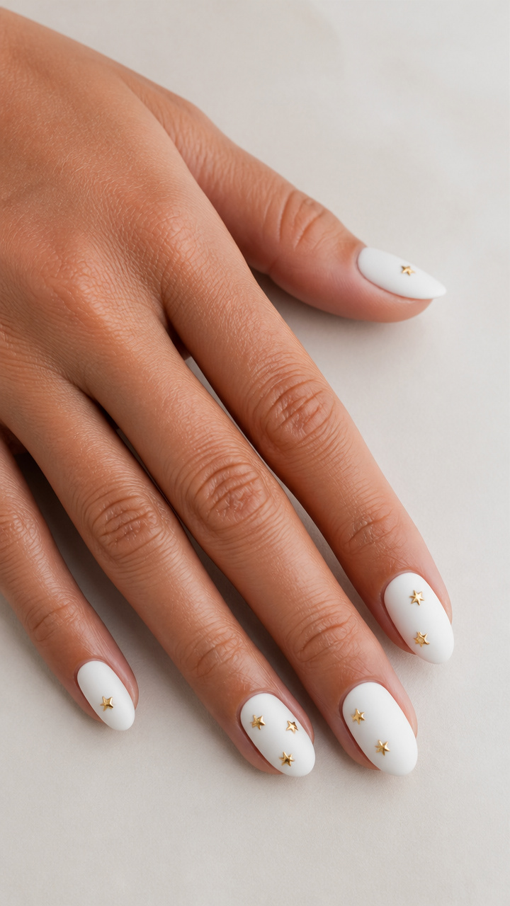 Matte White Short Almond with Tiny Star Studs