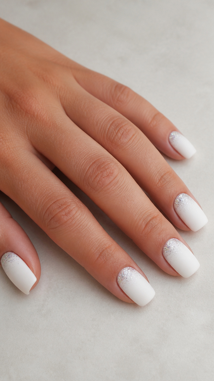 Matte White Squoval with Glitter Gradient Cuticles