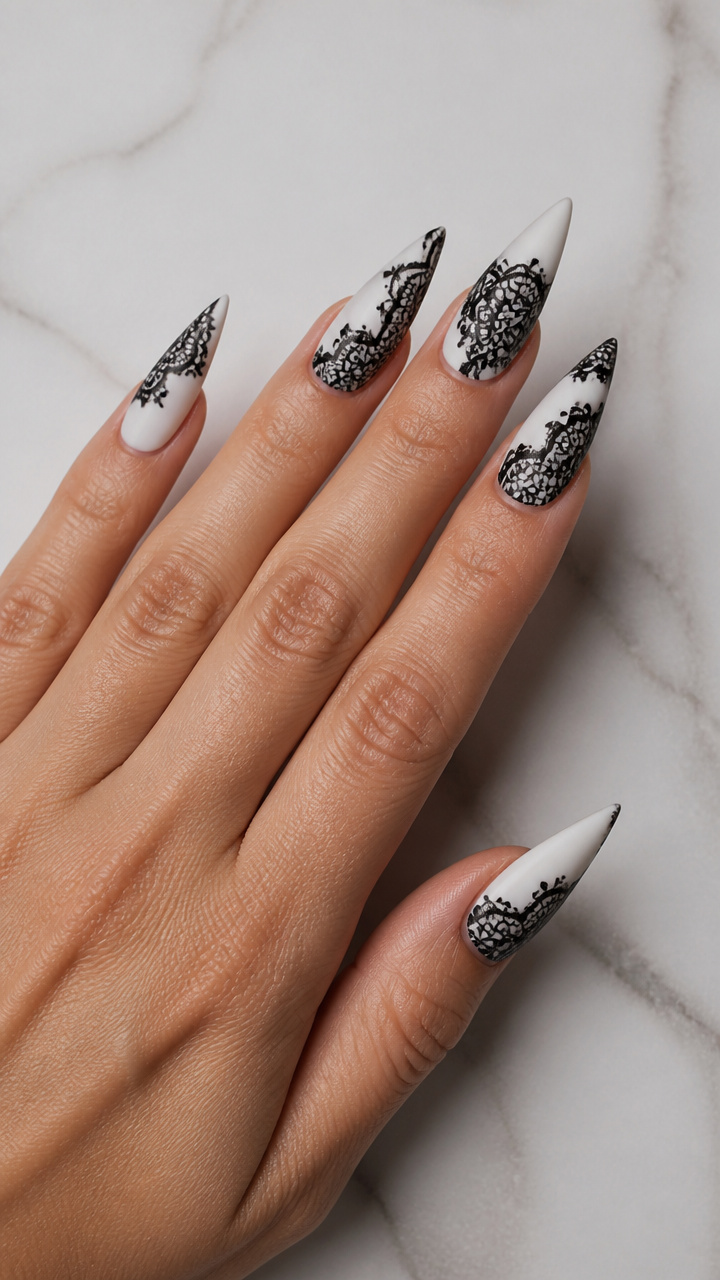 Matte White Stiletto with Black Lace Pattern