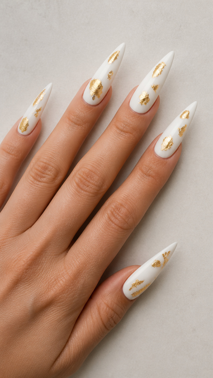 Matte White Stiletto with Gold Foil Fragments