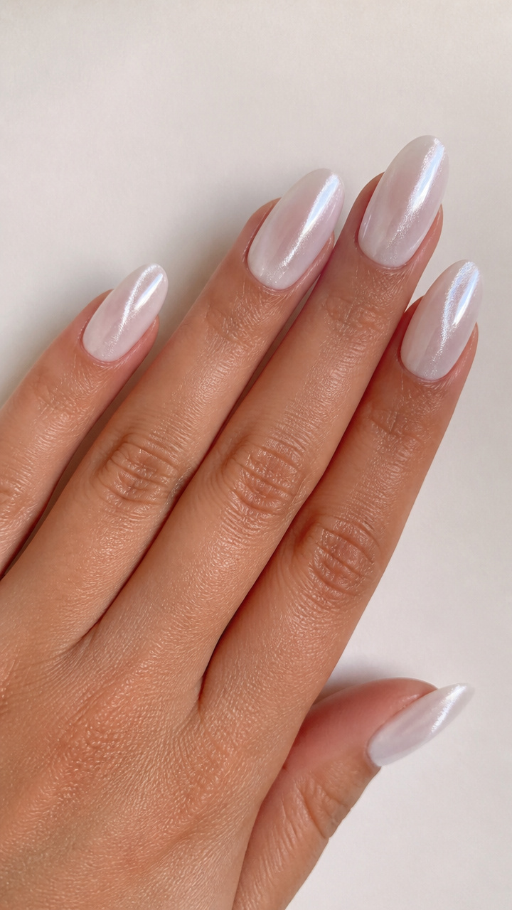 Pearl White Cateye Cat Eye Gel Almond Nails