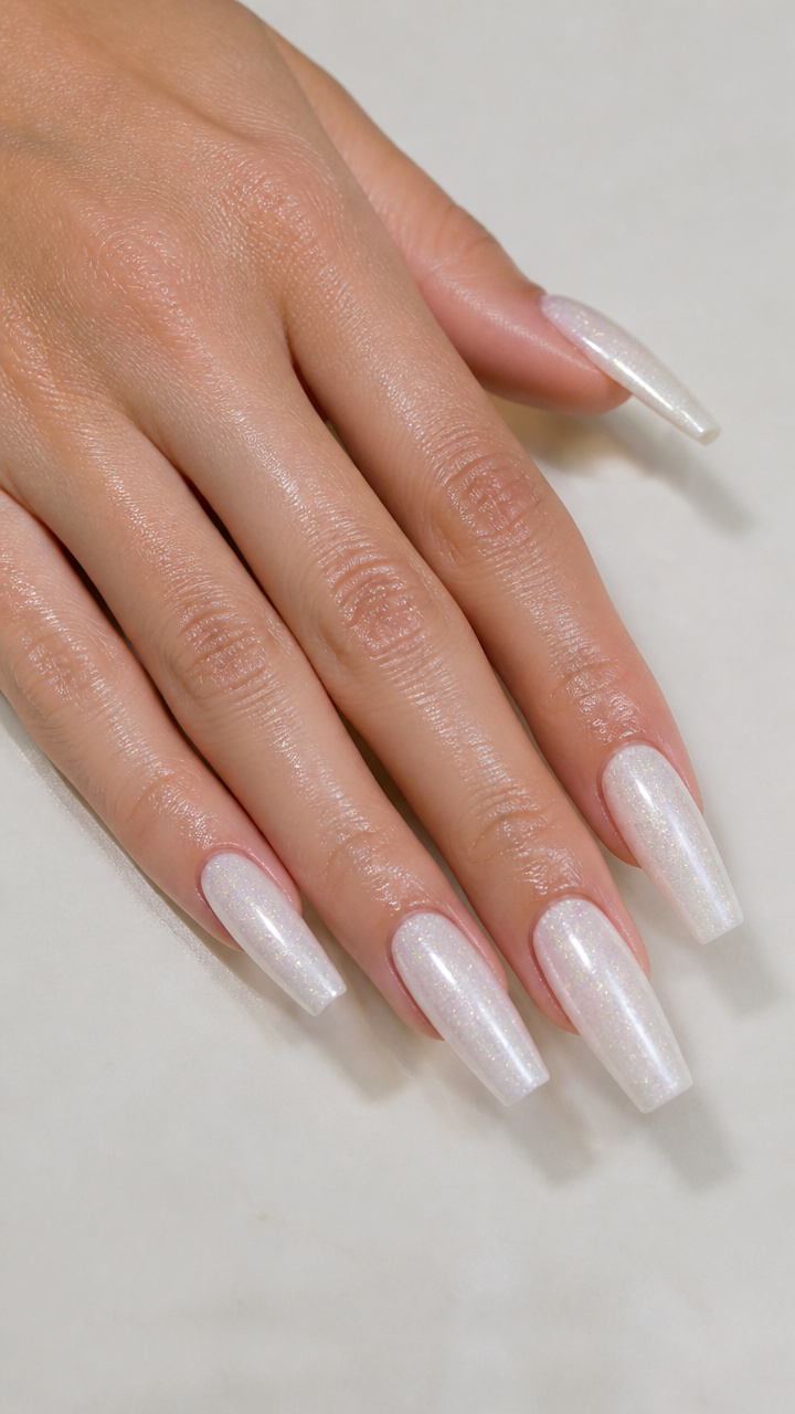 Pearlized White with Silver Micro Glitter Coffin Nails
