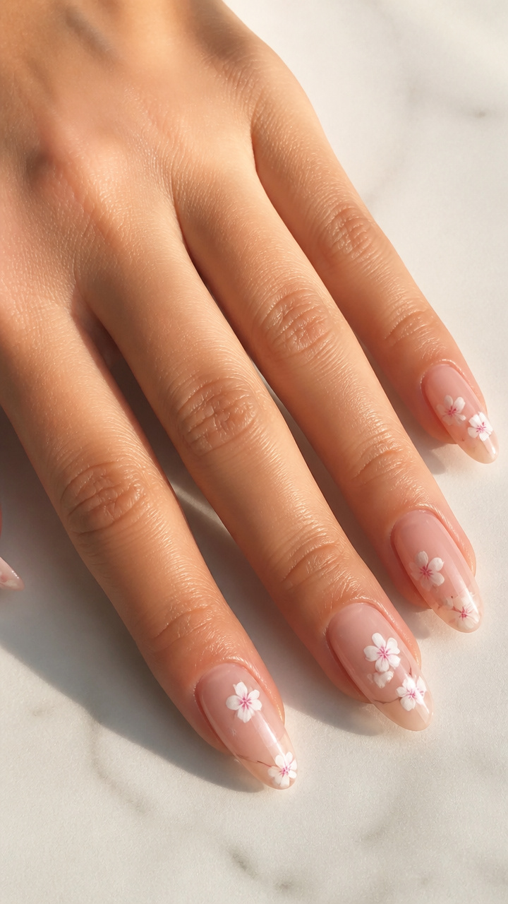 White Cherry Blossoms on Glossy Nude