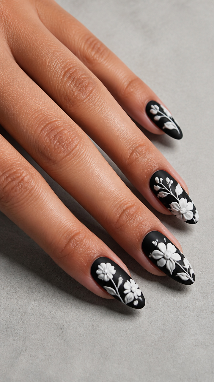 White Floral Embossed on Matte Black