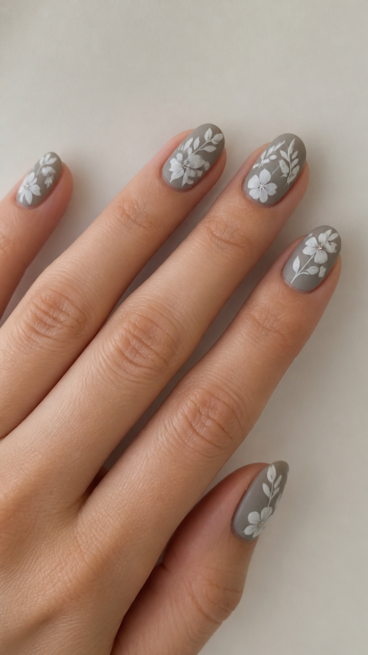 White Floral Stencil on Matte Grey Base
