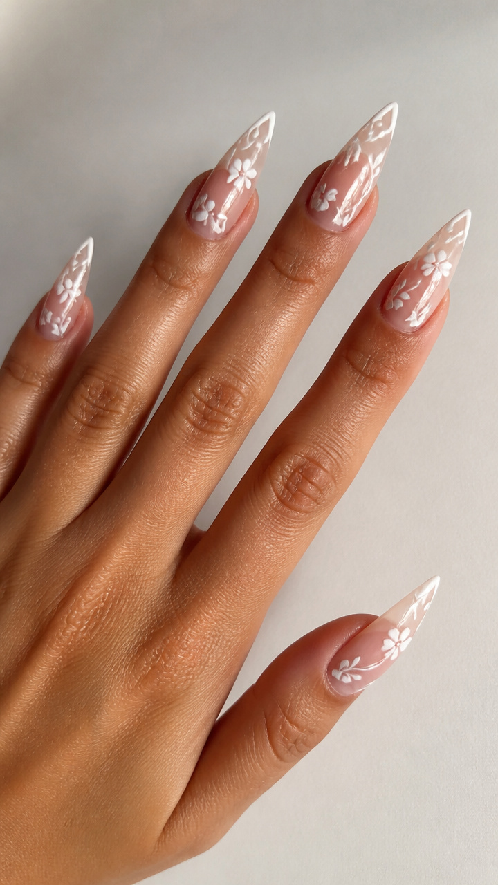 White Floral Wrap on Stiletto Nails