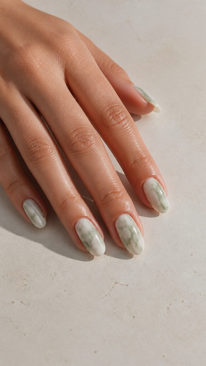 White Pearl and Pearlized Green Marble Oval Nails