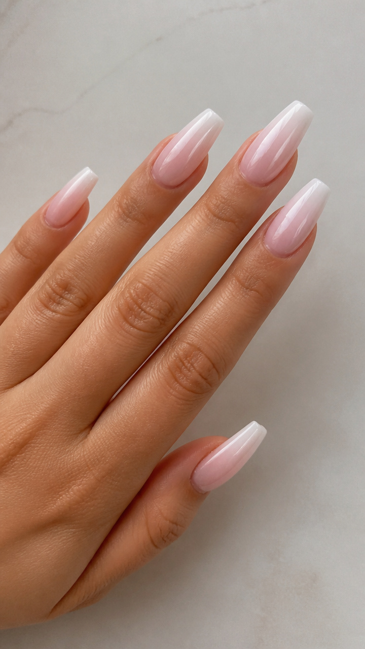 White Pearl and Pink Blush Gradient Coffin Nails