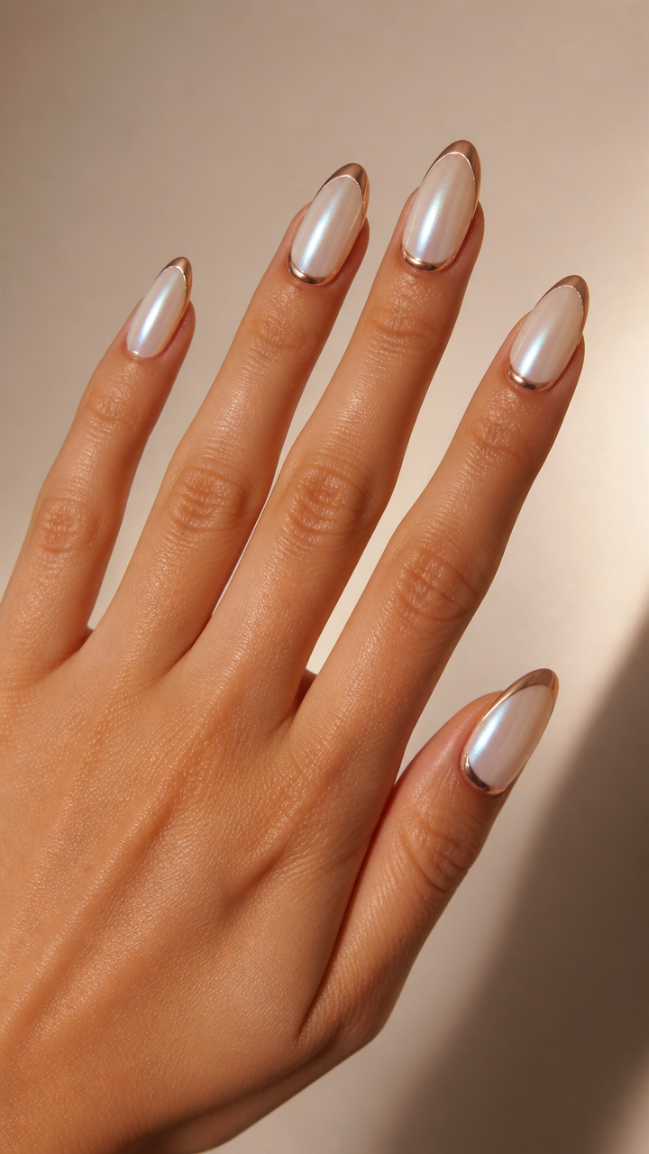 White Pearl and Rose Gold Chrome Almond Nails