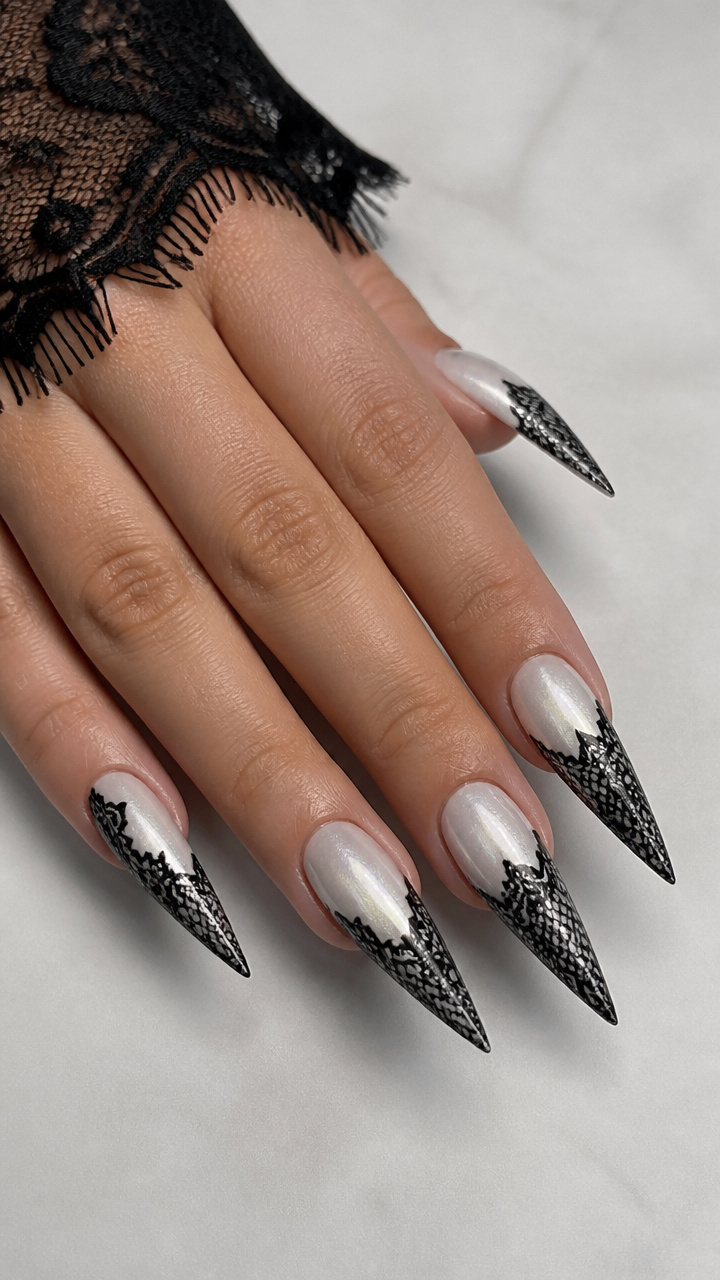White Pearl with Black Lace Overlay Stiletto Nails