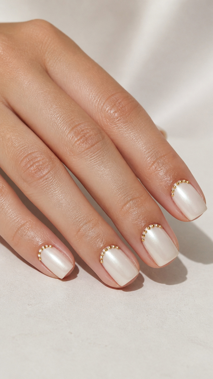White Pearl with Gold Studded Cuticles Square Nails