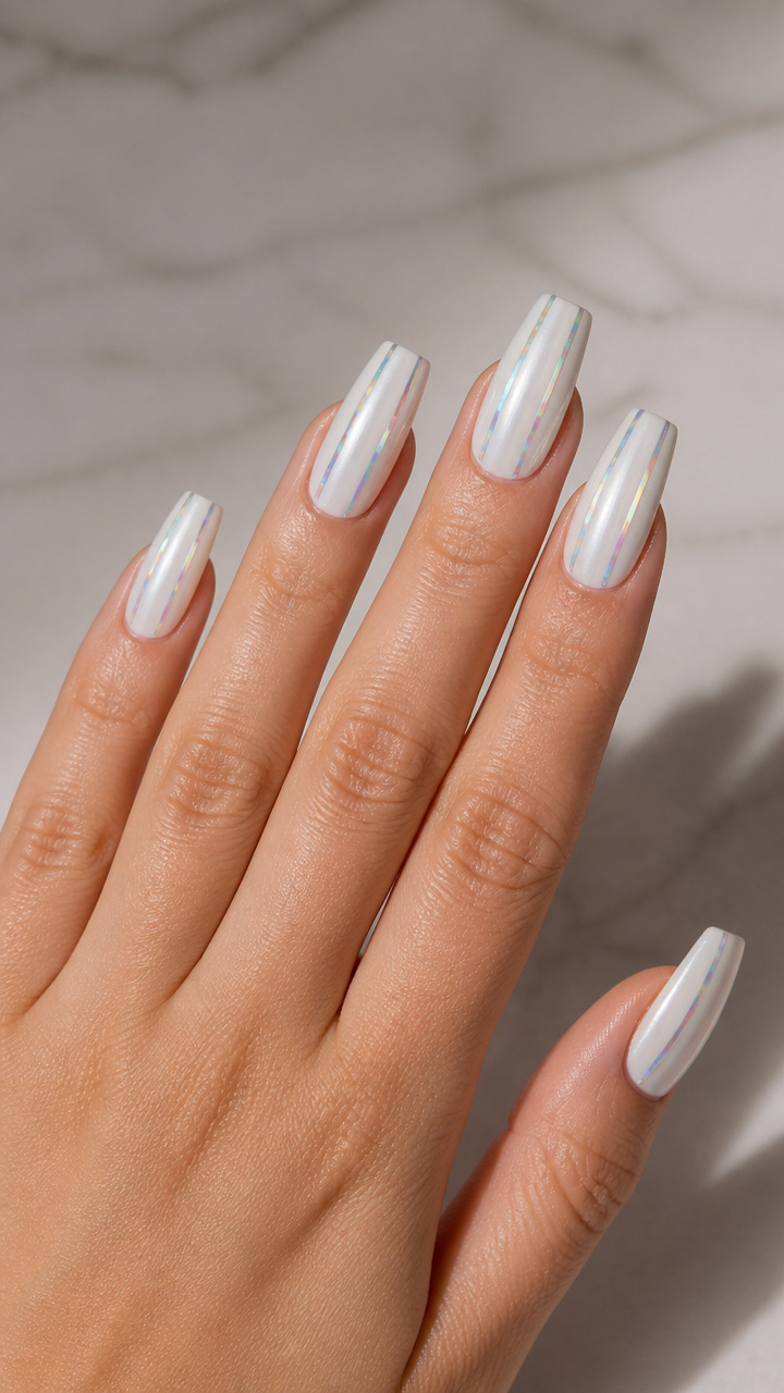 White Pearl with Holographic Stripes Coffin Nails