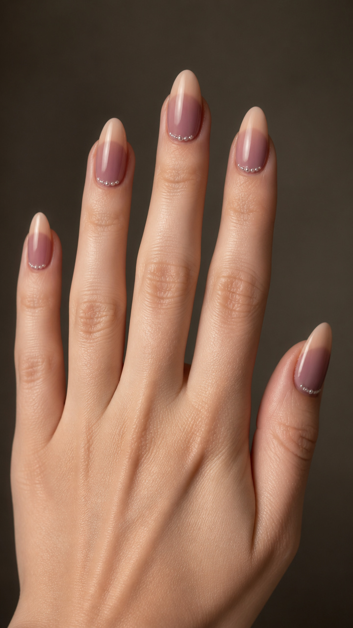 Mauve Ombré Almond Nails with Micro Pearls