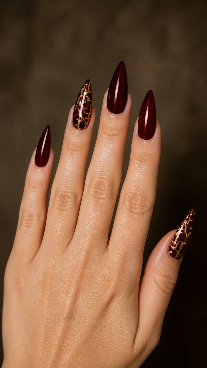 Oxblood Stiletto Nails with Gold Crackled Accents