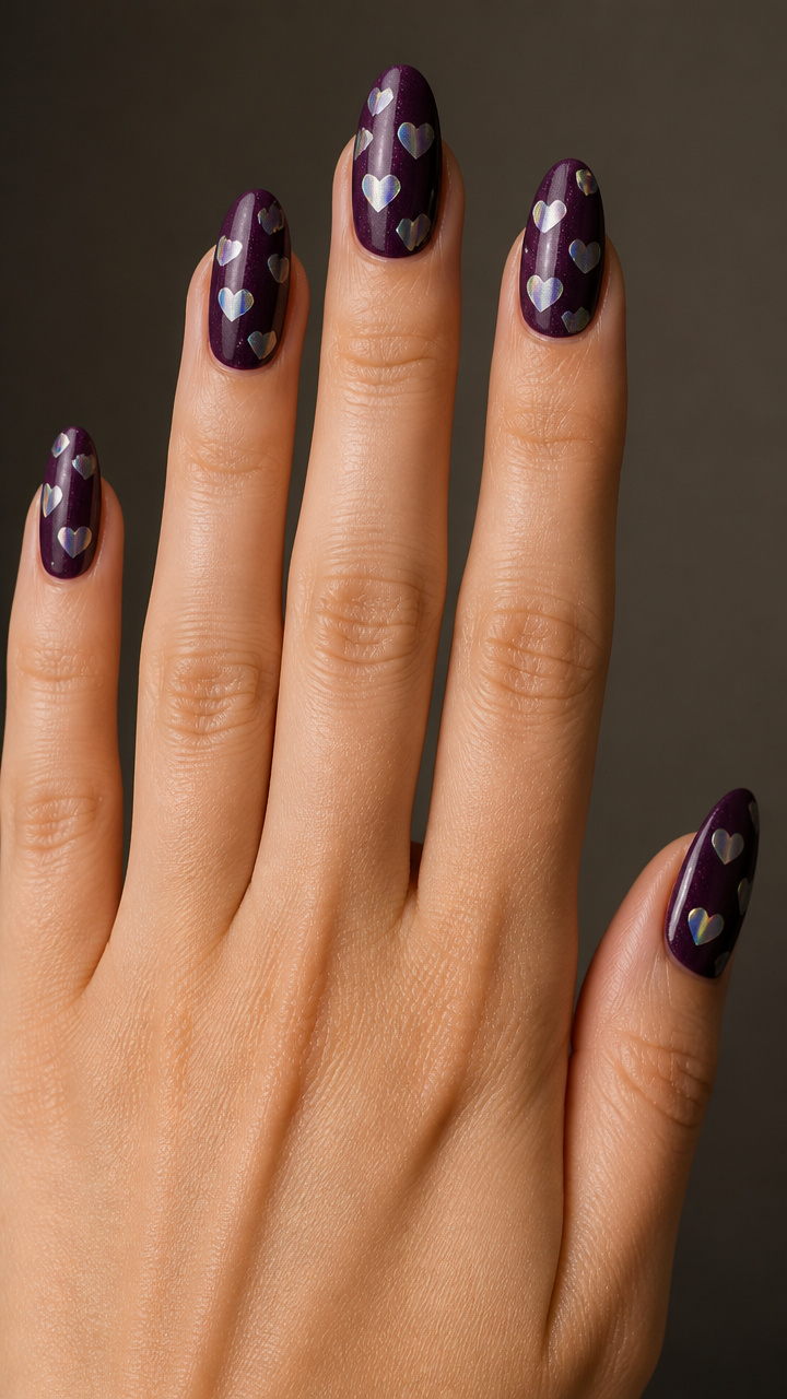 Silver Holographic Hearts on Deep Plum