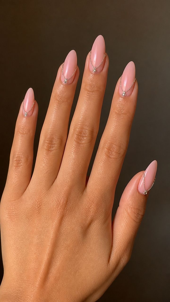 Blush Pink Almond Nails with Rhinestone Chains