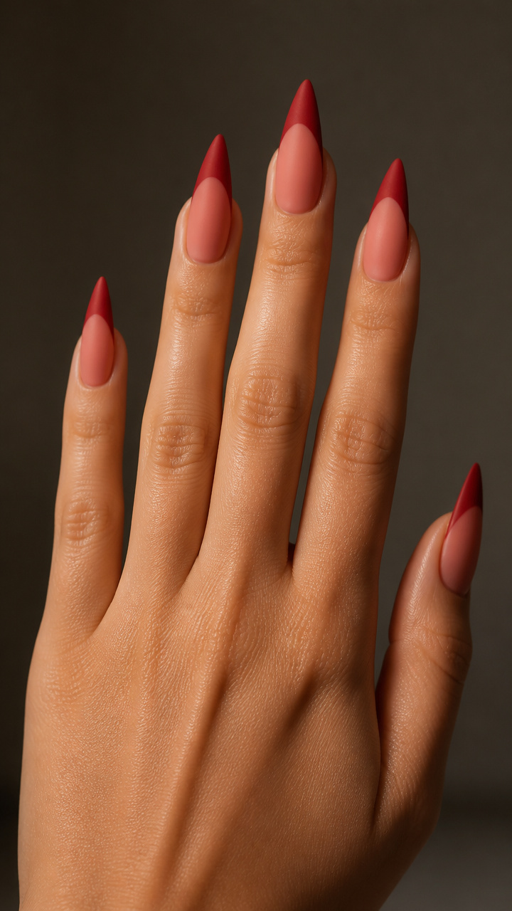 Cherry Red Stiletto Tips with Matte Topper