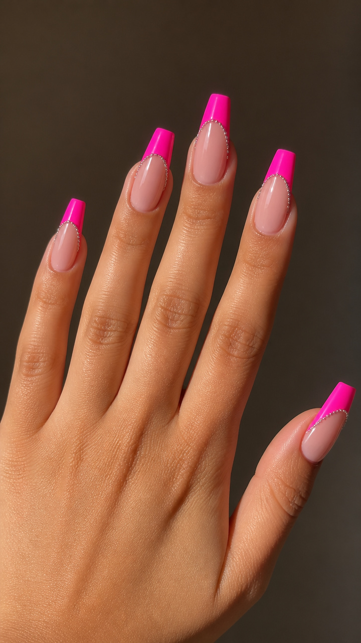 Hot Pink French Tips with Silver Microbeads