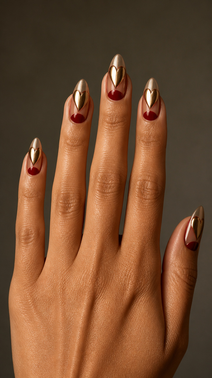 Two-Tone Heart Half-Moon Design in Scarlet and Gold