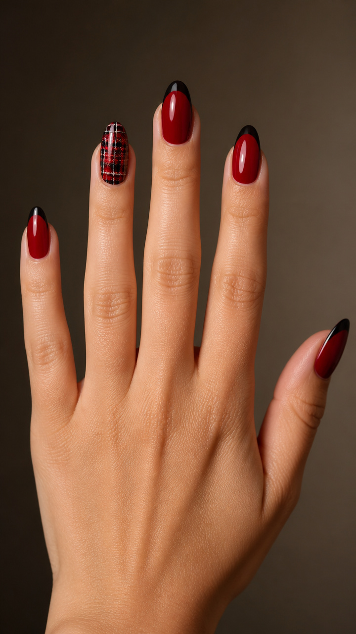 Red & Black Tartan Checkered Accent Nail