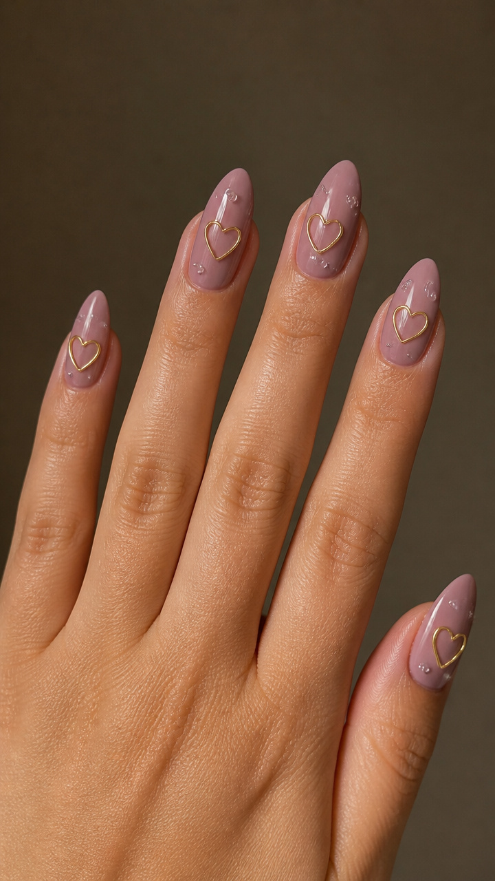 Dusty Mauve Nails with Minimalist Gold Wire Hearts