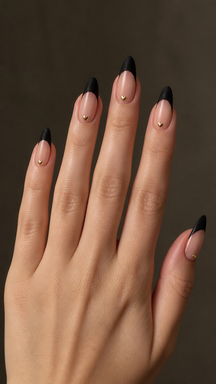 Black Velvet Tips with Gold Heart Accents