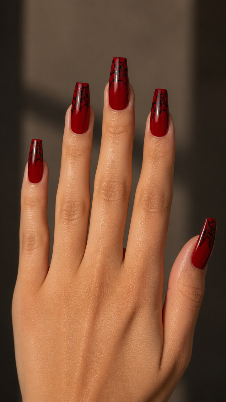 Coffin Nails in Blood Red with Black Webbing
