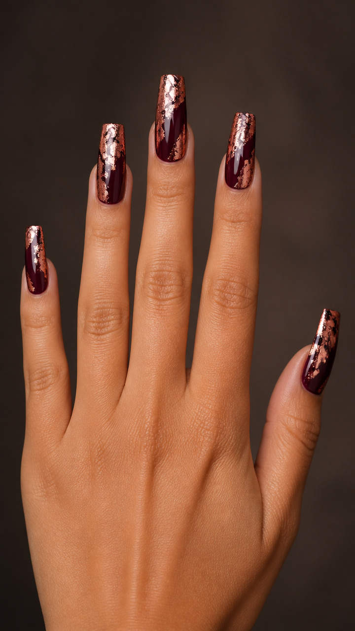 Rose Gold Foil Wrap on Deep Burgundy Tips