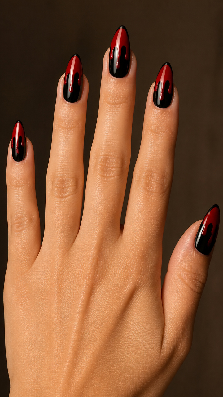 Glossy Black Base with Red Drip Effect