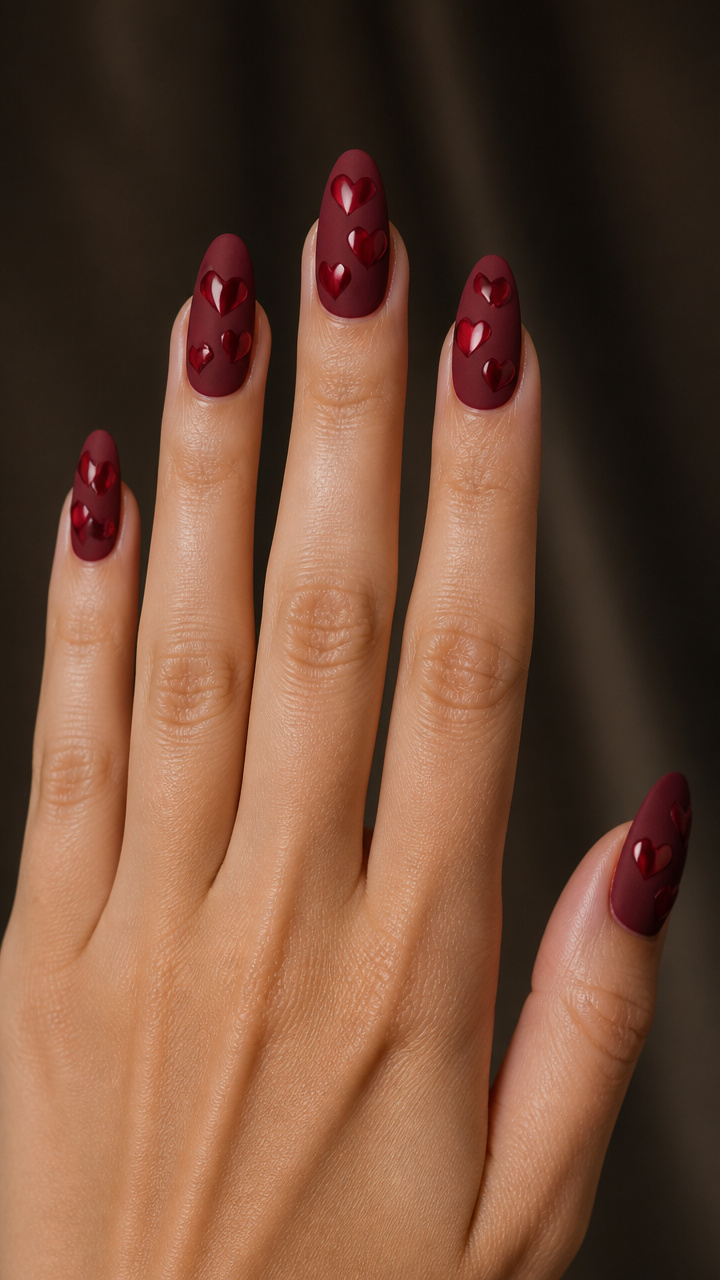 Almond Nails in Matte Wine with Glossy Heart Cutouts