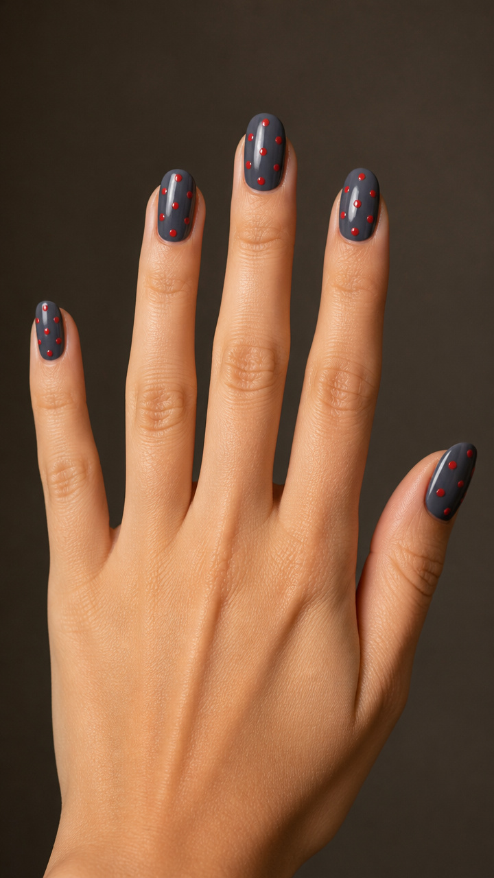 Charcoal Gray with Red Polka Dot Accents