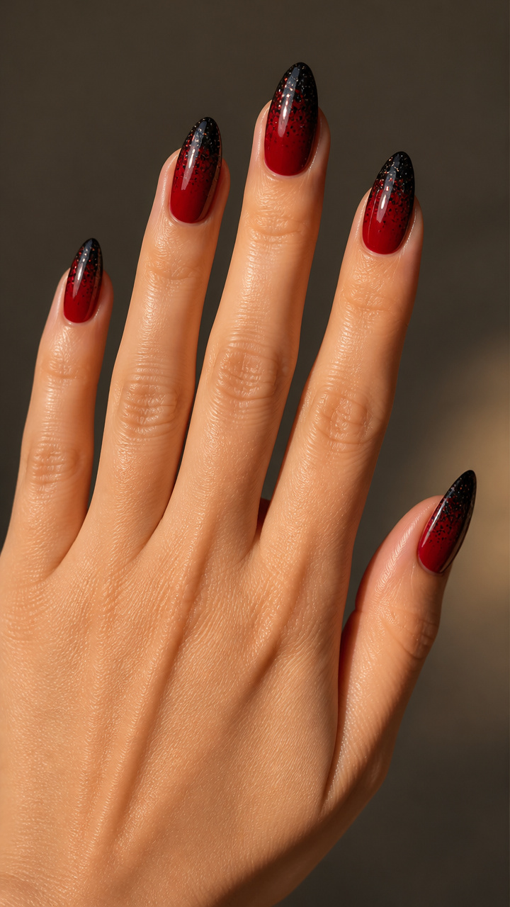 Red Ombré Almond Nails with Black Glitter Fade