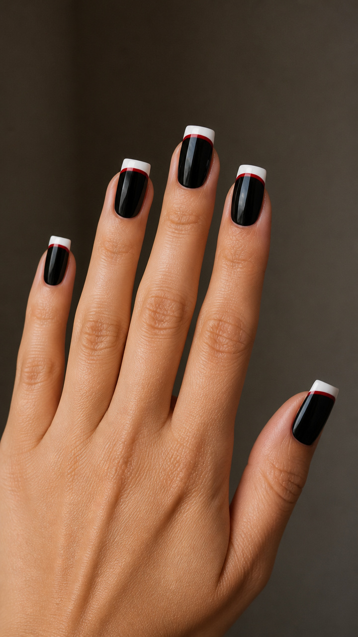 Classic French Tips with Red Lining and Black Base