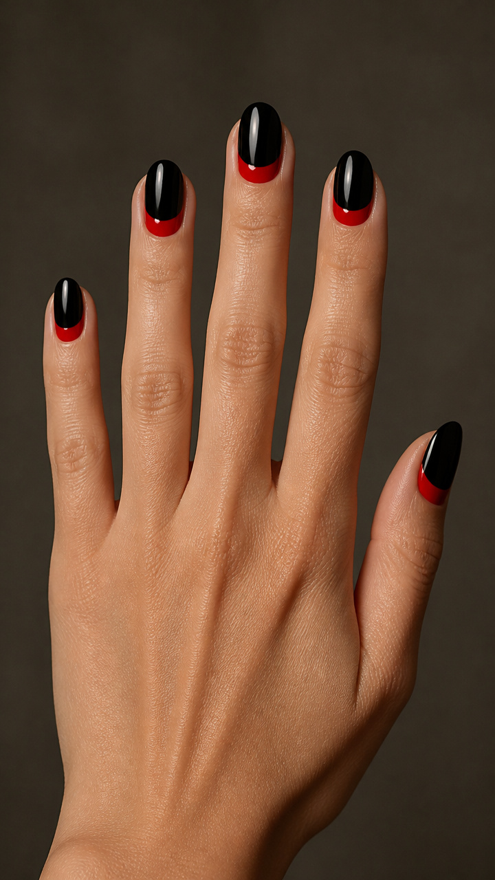 Glossy Red Half-Moons with Black Nail Beds