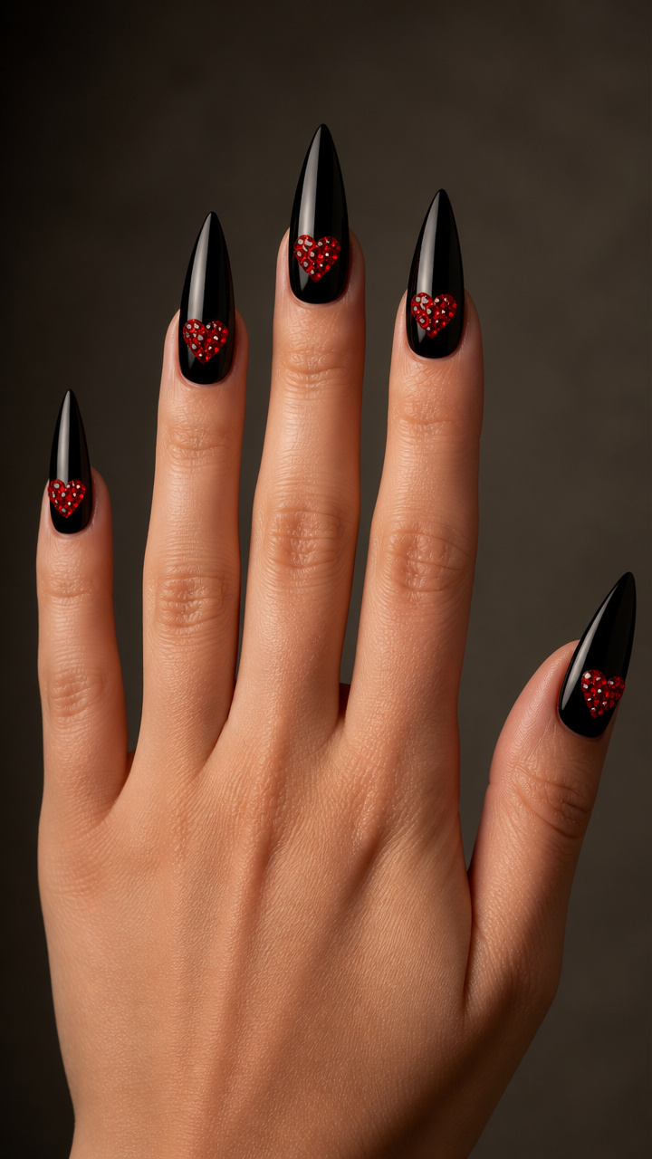 Black Stiletto Nails with Red Rhinestone Hearts