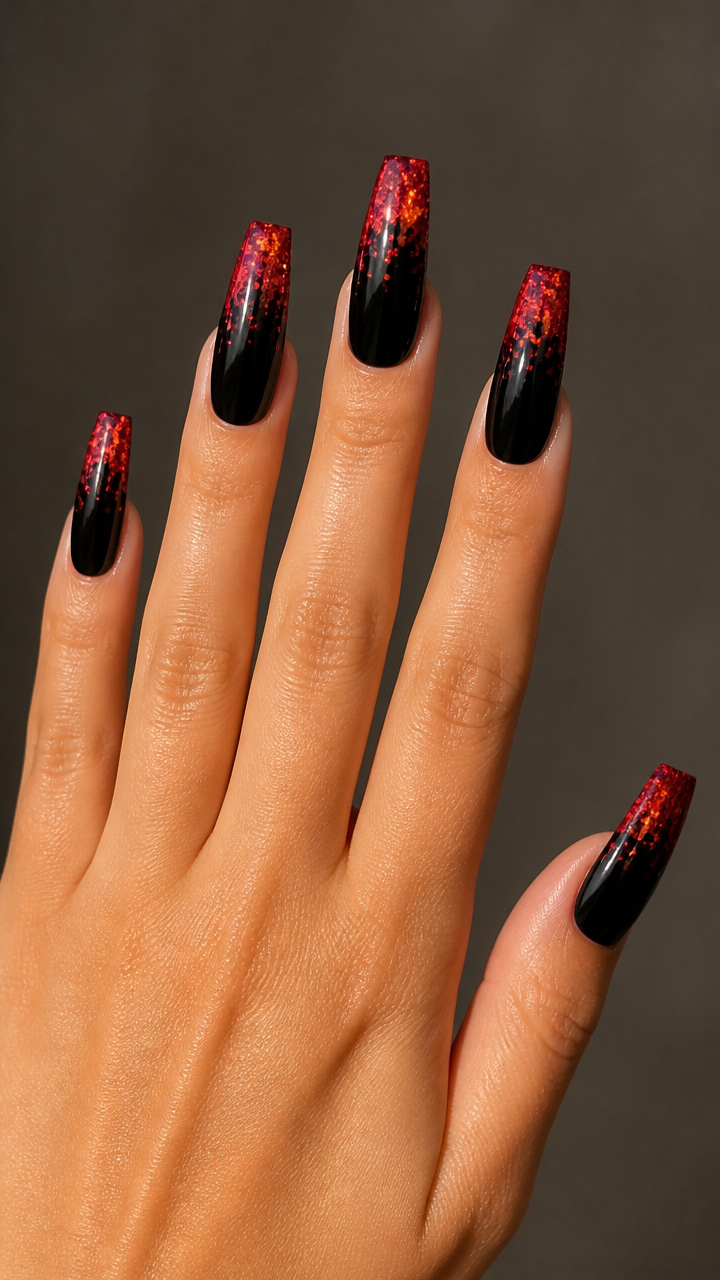 Red Glitter Tips Over Black Gel