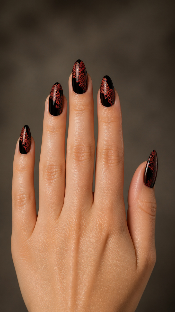 Black Nails with Red Lace Stamp Detail