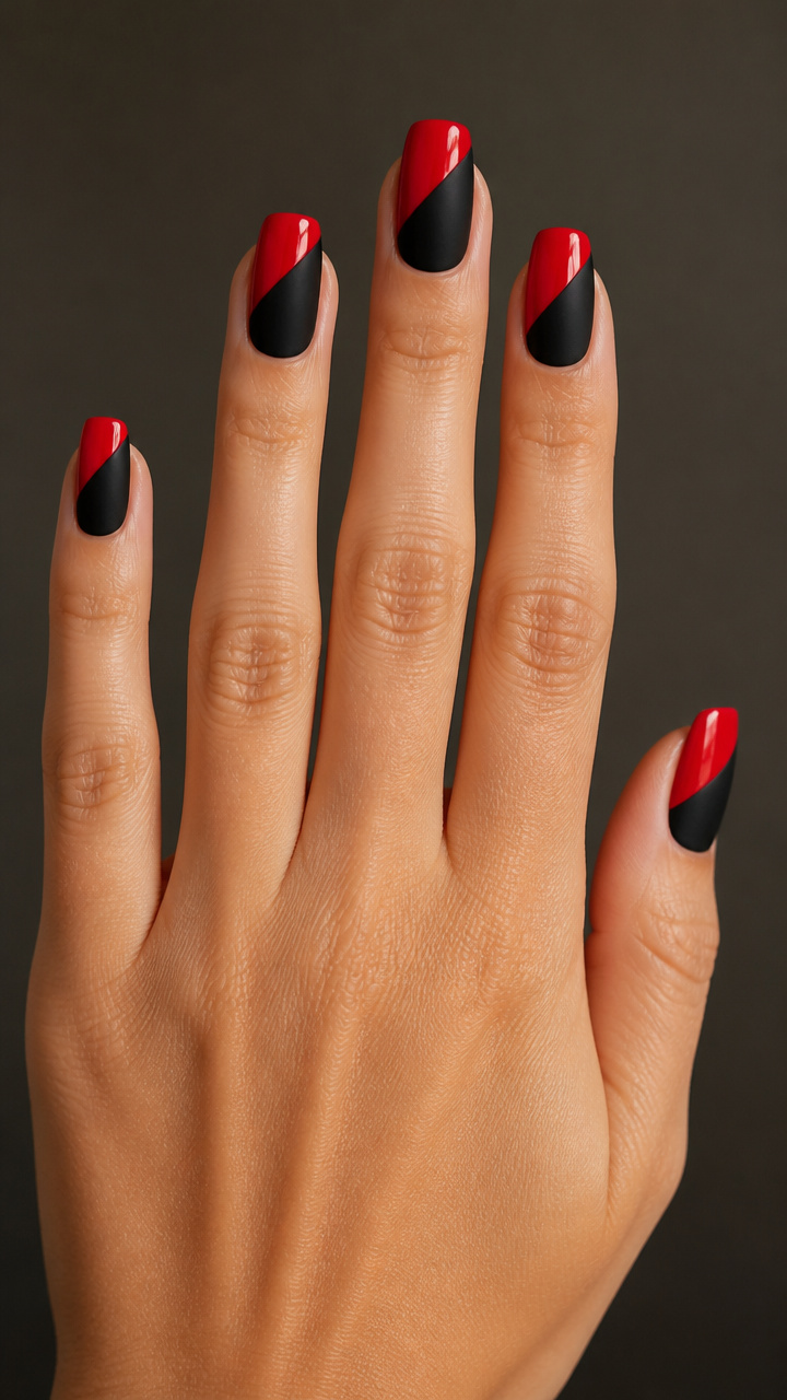 Dual-Tone Red and Black Split Nails