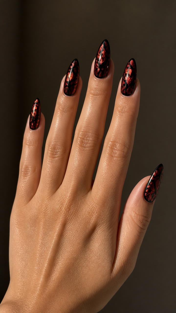 Red Foil Accents on Black Almond Nails