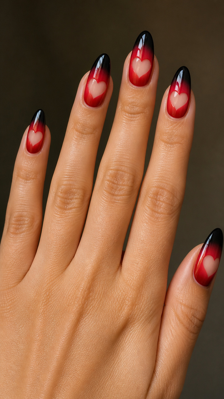 Negative Space Hearts on Black and Red Nails