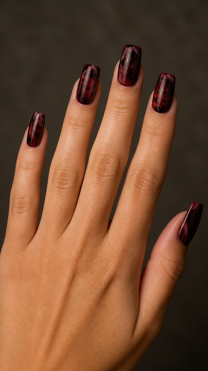 Deep Burgundy and Black Marble Dip Nails