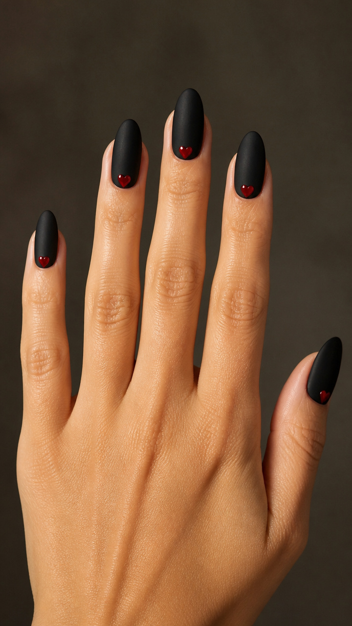 Black Velvet Matte Manicure with Ruby Red Heart Accent