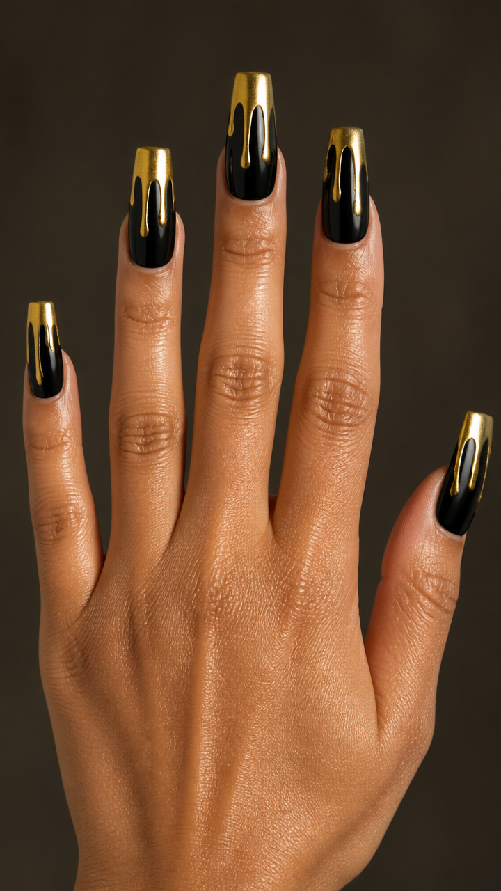 Jet Black Coffin Nails with Gold Dripping Effect