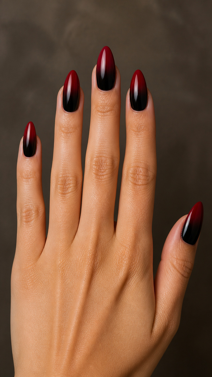 Black and Deep Crimson Ombrรฉ Almond Tips