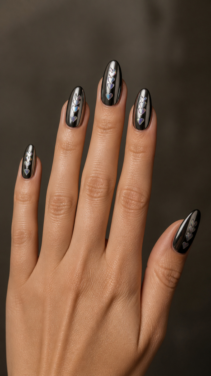 Black Chrome Nails with Holographic Heart Decals